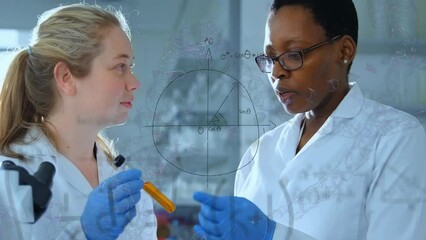 Poster - Animation of mathematical equations over diverse female scientists holding test tube