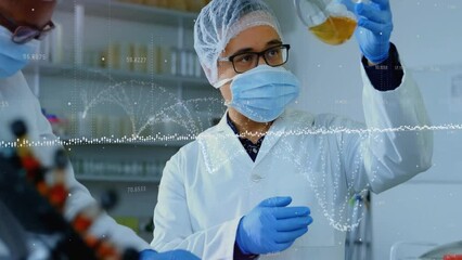 Poster - Animation of data processing over diverse male scientists examining vial