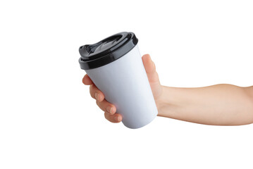 Poster - Transparent hand presents white paper coffee cup with clean surface for logo promotion. Versatile mockup ideal for branding presentations. Perfect for marketing projects