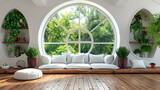 Fototapeta  - Cozy indoor nook with cushions and a large round window overlooking greenery.