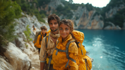 Wall Mural - a man and a woman are standing next to each other on a trail near a body of water