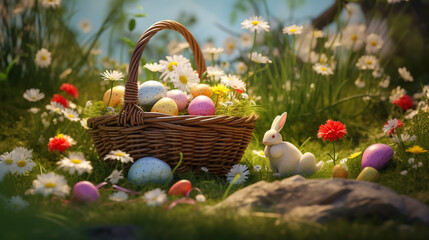 Wall Mural - Cute little bunny in the basket and easter eggs in the meadow