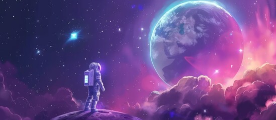 Illustration space planet fiction game on cartoon purple cosmic background. AI generated image