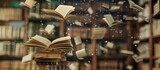 Fototapeta Do przedpokoju - Illustration flying old open books of the shelves in the in library. AI generated image