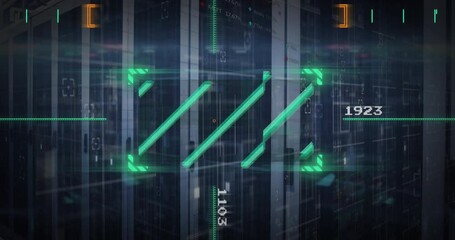 Animation of data processing with scope scanning over server room