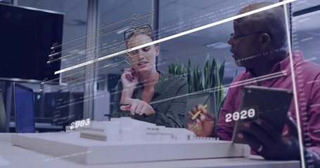 Poster - Animation of data processing and diagrams over diverse colleagues discussing work
