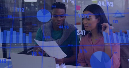Poster - Animation of data processing and diagrams over diverse colleagues discussing work