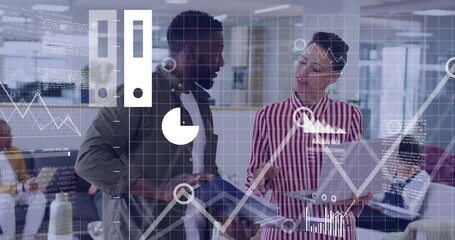 Poster - Animation of data processing and diagrams over diverse colleagues discussing work