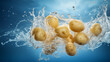 A cluster of fresh potatoes caught in a burst of crystal-clear water, ideal for highlighting organic farming, freshness in produce markets, and healthy eating campaigns. High quality illustration