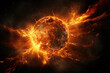 Vibrant depiction of celestial event, featuring a planet-like object in throes of catastrophic explosion with fiery tendrils in vastness of space