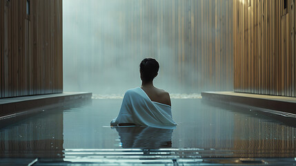 Wall Mural - 
a person from behind, sitting by the edge of a pool or body of water, with a white towel casually draped over one shoulder.