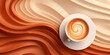 Coffee 3D background, a cup of coffee with latte art on a background of volumetric waves in brown tones	