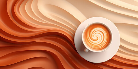 Wall Mural - Coffee 3D background, a cup of coffee with latte art on a background of volumetric waves in brown tones	