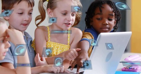 Poster - Animation of data processing with scope scanning over diverse schoolchildren using laptop