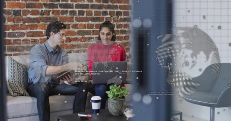 Poster - Animation of globe and data processing over diverse business people in office