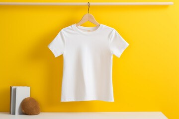 Wall Mural - Hanger with white T-shirt on orange wall