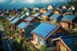 Sustainable suburban neighborhood with solar panels on rooftops.
