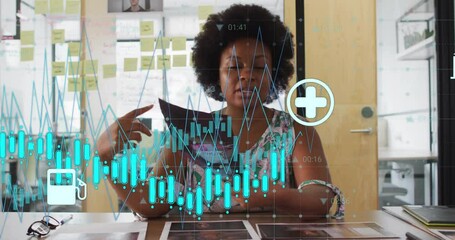 Poster - Animation of financial data processing over african american businesswoman in office
