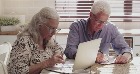 Poster - Senior couple, reading computer and home research for pension, retirement and budget or thinking of insurance. Elderly woman typing on laptop, planning and man writing on document of asset management