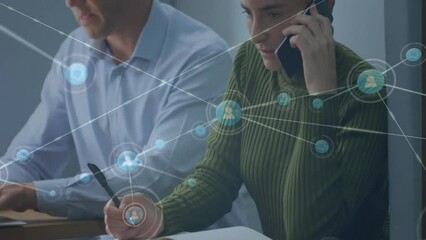 Poster - Animation of network of connections over diverse businesspeople in office