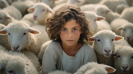 Capturing serenity: a tender portrayal of the little child Jesus Christ herding sheep, an endearing and symbolic scene embodying innocence, faith, and the pastoral charm of the biblical narrative