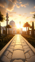 Wall Mural - Magnificent Turkish style Grand Mosque in a ramadan gorgeous night sky. Beautiful breathtaking Masjid with a Ramadan crescent moon in the sky