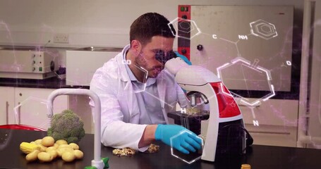 Poster - Animation of chemical formula over caucasian male scientist working in lab