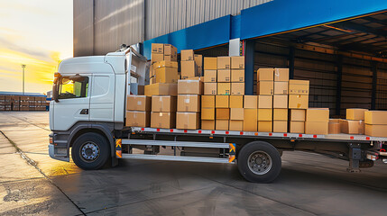 Logistics in Action: Loading Cargo onto a Truck at Sunset