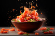 Dynamic splash in a bowl of salmon sashimi, showcasing fresh seafood in motion.

