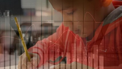 Poster - Animation of financial data processing over biracial schoolboy in class