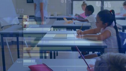 Poster - animation of financial data processing over diverse teacher and schoolchildren in class