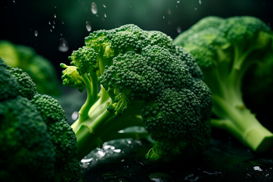 Close-up of fresh broccoli with water droplets.