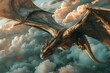 A vicious dragon flying high in the sky on clouds