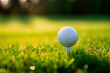 A close-up of a golf ball on a tee, nestled in vibrant green grass on a tranquil golf course, with a focused shadow.