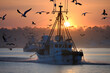Fishing boat at dawn with seagulls, a tranquil scene of marine industry and nature.