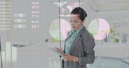 Poster - Animation of data processing over caucasian businesswoman using tablet