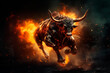 A fierce bull engulfed in flames, charging with intense power and energy in a mythical digital art representation.