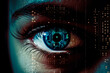 Human eye with a cybernetic circuit pattern overlay suggesting advanced technology and a futuristic concept.
