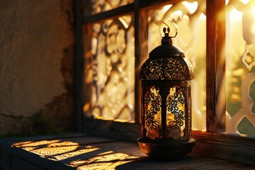 Wall Mural -  In this evocative image, a radiant Ramadan lantern illuminates the surroundings, symbolizing the holy month's spiritual warmth, cultural richness, and festive joy