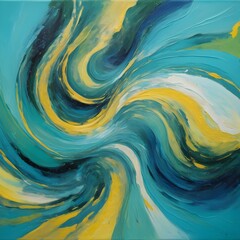 Wall Mural - Abstract swirling painting of turquoises, blues, greens and yellows 