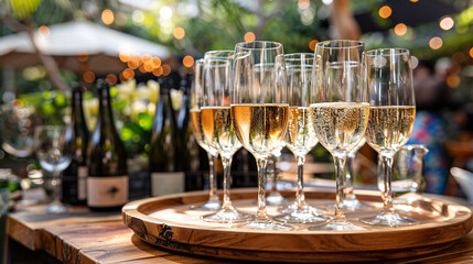 Sparkling wine glasses on a tray at a festive event