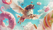 Soft retro pastels paint a whimsical world where a dog with wings frolics among floating sweets