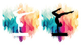 Female gymnast on balance beam colorful icons on a transparent background