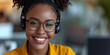 Portrait of beautiful african american woman in headphones at office.