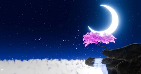 Wall Mural - The crescent moon glows brightly, blue in tone, in the dark blue sky. Stars twinkle in the sky. Big tree with bright pink flowers and leaves Falling at the waterfall cliff. 3D Rendering
