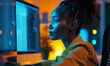 Young black female IT developer working on computer in dark office, created with Generative AI. African american cyber security analyst detecting artificial intelligence threats
