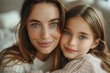 close up portrait of a young mother and daughter face, wearing neutral colours warm with bright and sitting in a simple luxury living room in springtime. generative AI