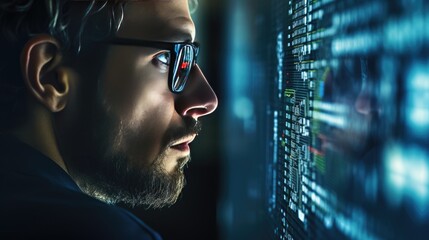 Man with binary reflection in his glasses