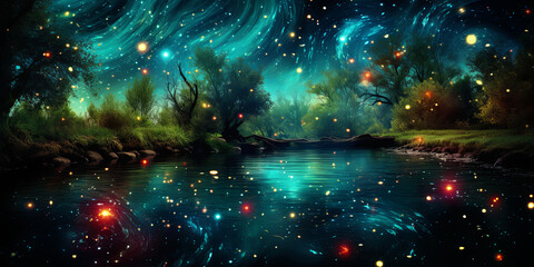 Wall Mural - In the Cosmic Realm, A Stunning Space Landscape Unfolds, Adorned with Planets and Sta
