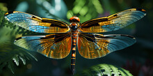 The Intricate Patterns And Textures Of A Dragonfly Perched On A Reed, Its Transparent Wings Refle